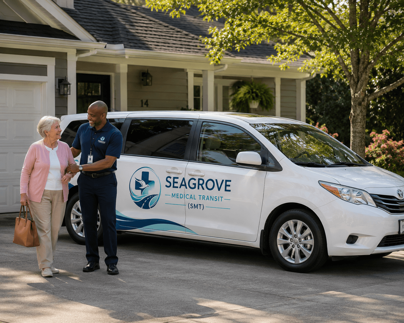 Driver assisting elderly woman at vehicle