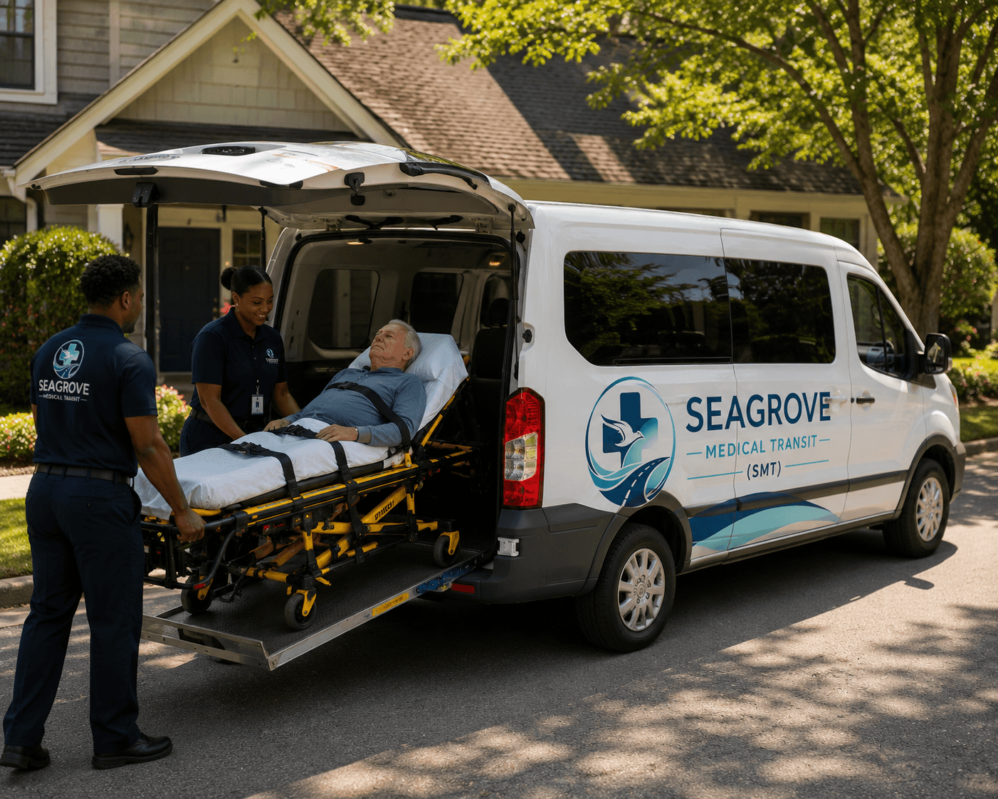 Team loading stretcher patient into transport van